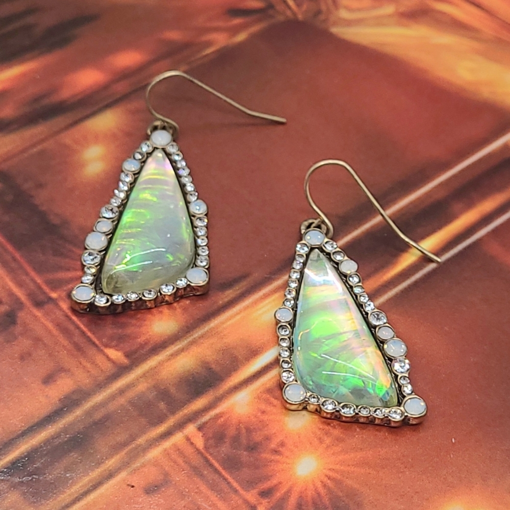 NWT Boho Natural Paua & Crystal 14k Gold Geometric Drop Earrings